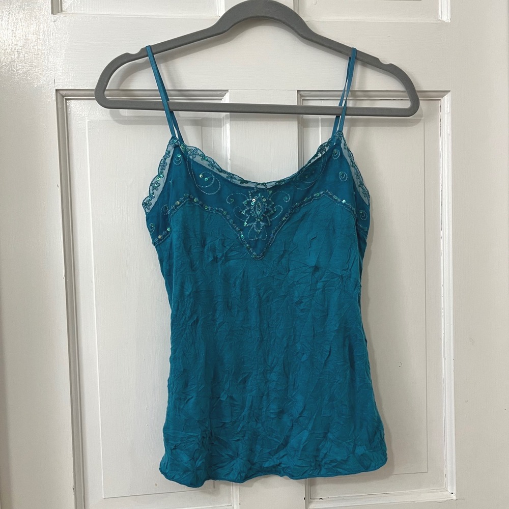 True Y2K Xhilaration Beaded Cami Tank Top S Boho Sequin Mesh Festival Fairy